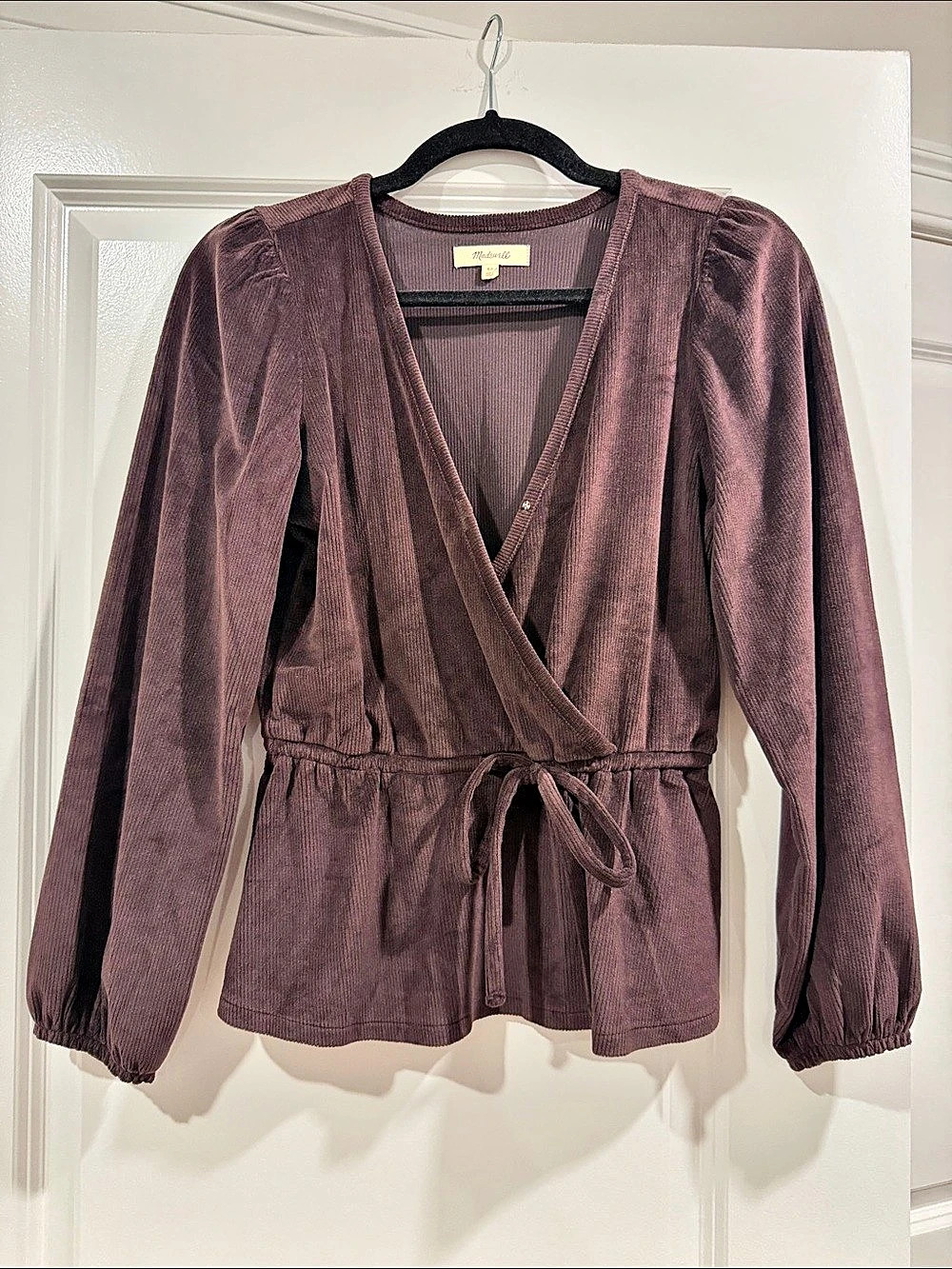 Madewell Corduroy Tie-Front Faux-Wrap Top Purple XS